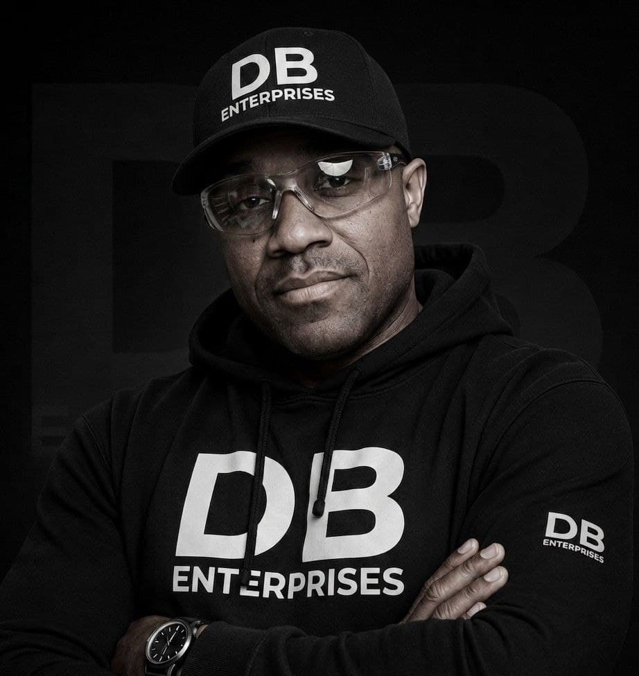 DB — founder of DB Enterprises, in DB Enterprises cap and hoodie with safety glasses